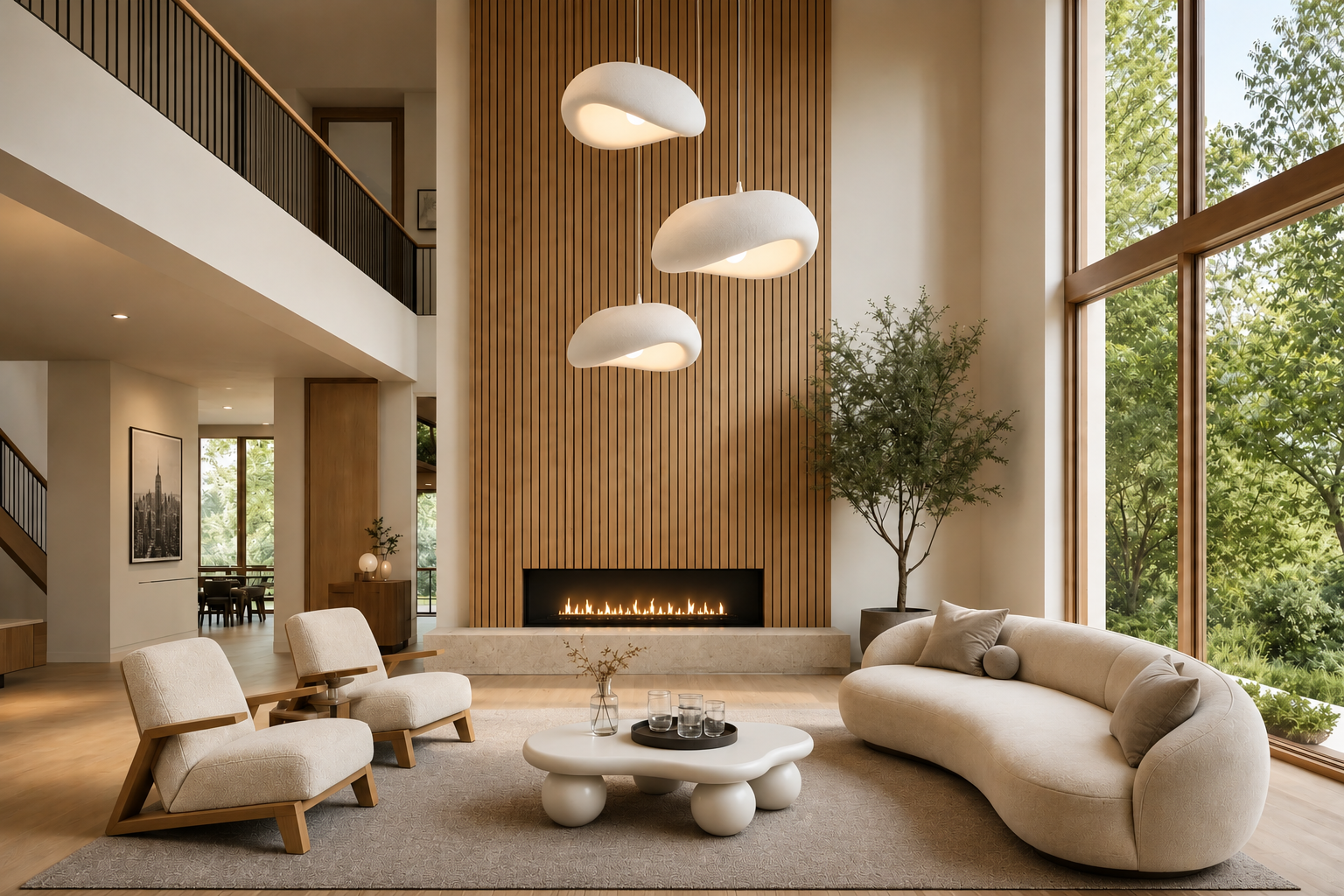 Render — double-height Great Room concept with a full-height slat-wood fireplace wall