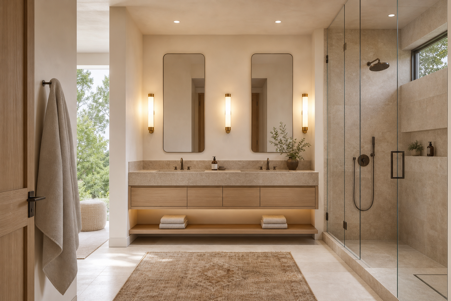 Render — master bathroom concept with white-oak vanity and textured taupe stone shower