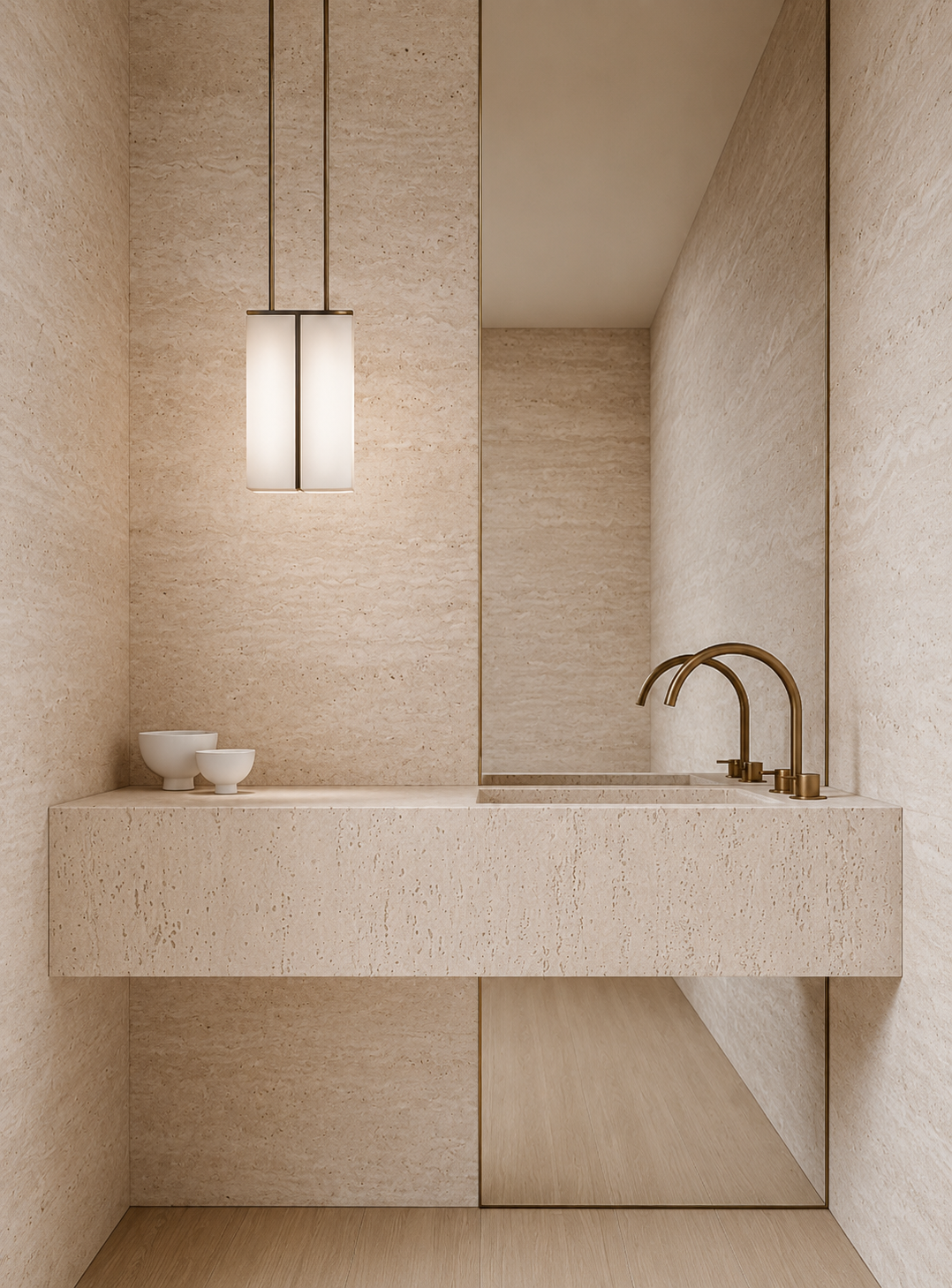 Render — first-floor powder room concept wrapped in warm ivory travertine
