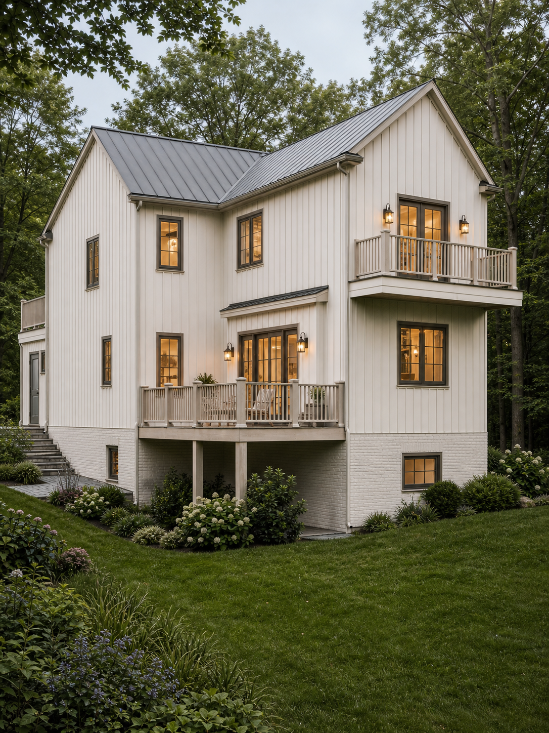 Render — rear and side exterior concept showing the falling grade, elevated wood deck, and private balcony