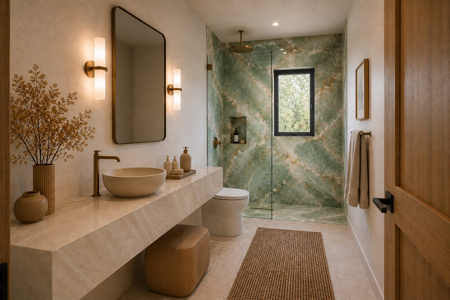 Render — upper-level secondary full bathroom concept with sage onyx shower, stone vanity, and warm bronze fittings
