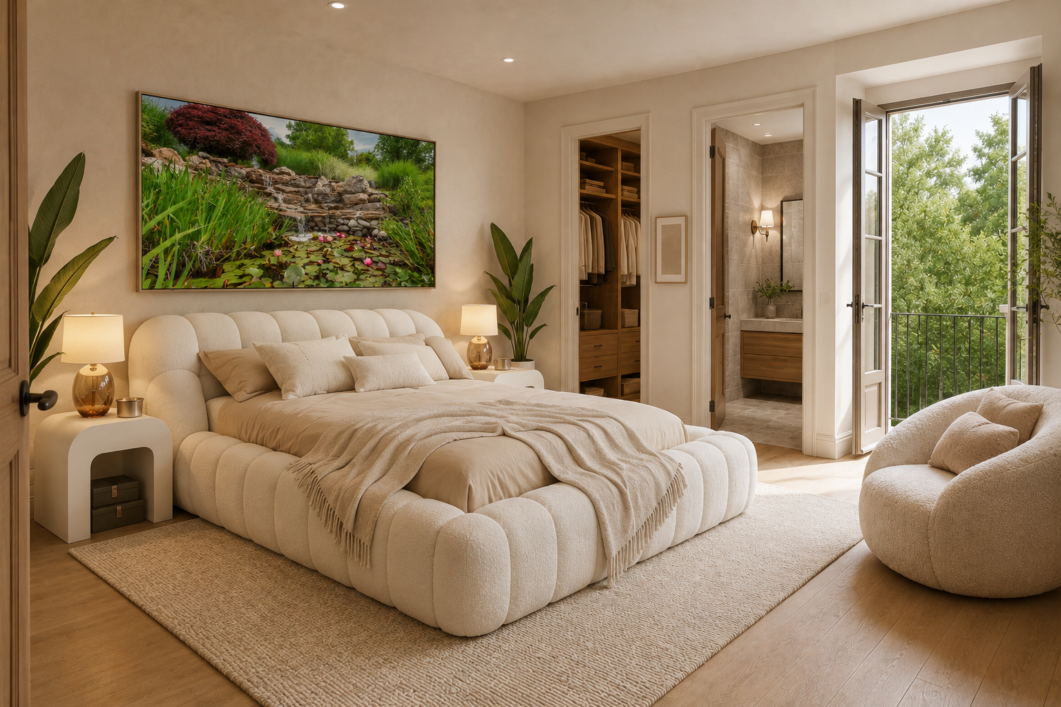Render — upper-level secondary bedroom concept with balcony and adjoining spaces